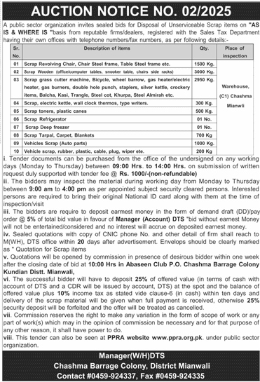 Chashma Barrage Colony Mianwali Tender Notice
